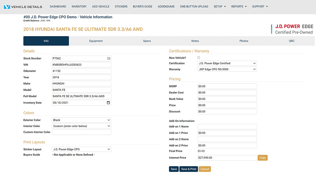 Vehicle Details Edit Screen
