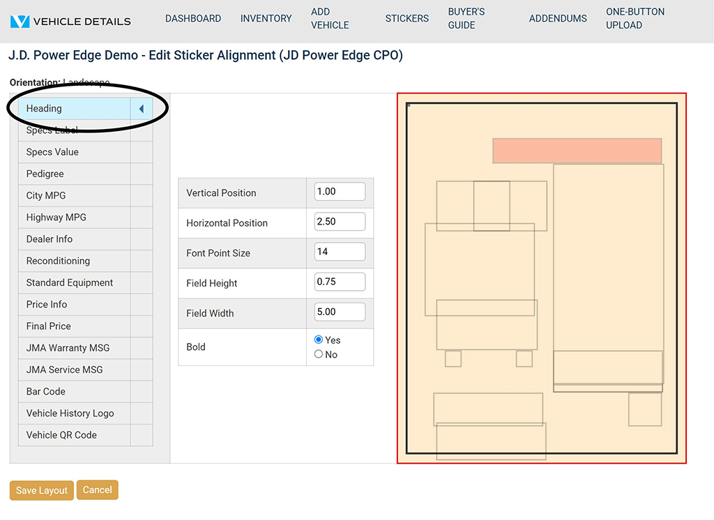 Vehicle Details Print Alignment