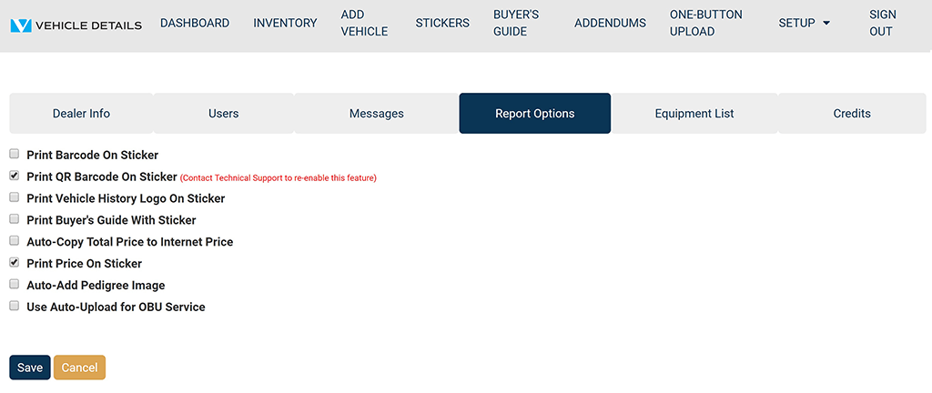 Vehicle Details Reporting Options